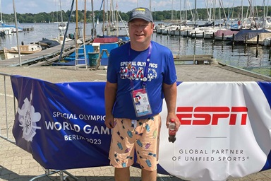 James Thigpen won a bronze medal in sailing during the 2023 Special Olympics World Games in Berlin. He is standing on the dock of the club Seglerhaus am Wannsee, the second-oldest sailing club in Germany, where the sailing competition was held June 17-25. Photo courtesy of Wesley Glen Ministries. James Thigpen won a bronze medal in sailing during the 2023 Special Olympics World Games in Berlin. He is standing on the dock of the club Seglerhaus am Wannsee, the second-oldest sailing club in Germany, where the sailing competition was held June 17-25. Photo courtesy of Wesley Glen Ministries.