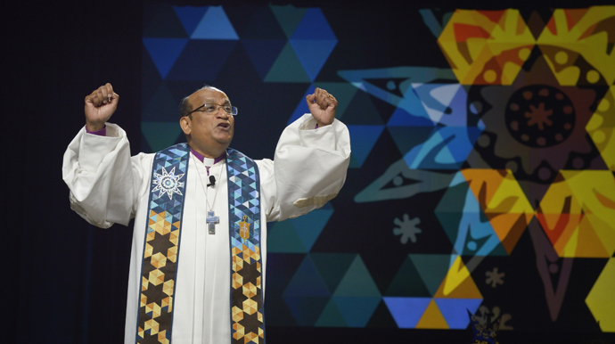 Bishop Sudarshana Devadhar, called Suda by friends, preaches at the 2016 United Methodist General Conference in Portland, Ore. Devadhar, who retired as an active bishop on Jan. 1, died on July 18 at age 72. File photo by Paul Jeffrey, UM News.