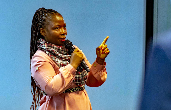 The Rev. Felizarda Filimone, a radio announcer from the Mozambique Episcopal Area, speaks during the June 19-21 annual meeting of the United Methodist Radio Network in Johannesburg, South Africa. The network voted unanimously to rebrand as the United Methodist Broadcast Network during the meeting. Photo by Priscilla Muzerengwa, UM News.
