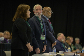 United Methodist Bishop Minerva G. Carcaño pleads not guilty during her church trial on September 19, 2023, in Glenview, Illinois. The suspended bishop of the California-Nevada Annual Conference, Carcaño is accused of disobeying the order and discipline of The United Methodist Church, undermining the ministry of another pastor, committing harassment (including but not limited to racial and/or sexual harassment) and committing fiscal malfeasance. Carcaño pleaded not guilty to all four charges, which stem from complaints filed by members of the California-Nevada Conference. Beside her are her two counsel, the Rev. Scott Campbell and Judge Jon Gray. Photo by Paul Jeffrey, UM News.