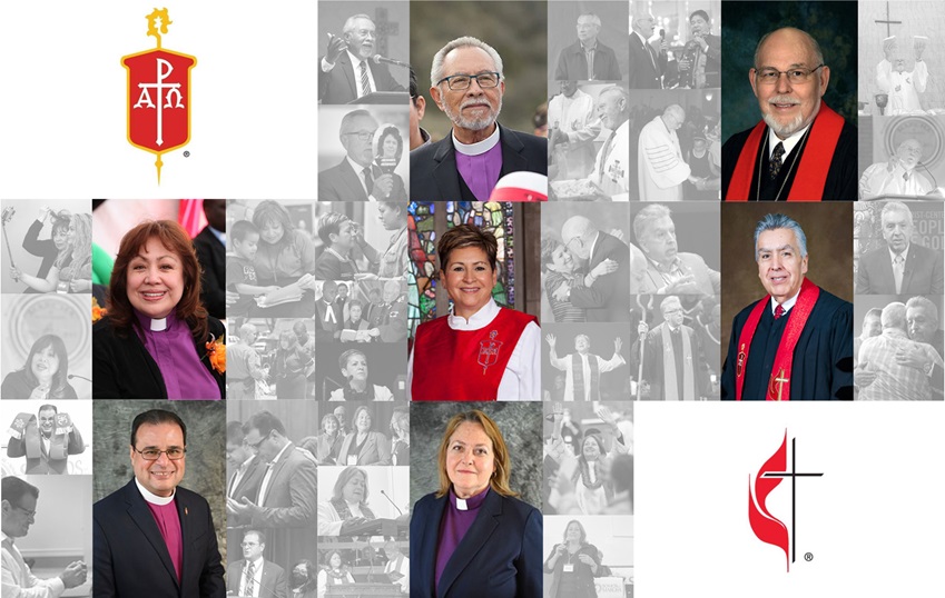 El liderato episcopal es uno de los legados del pueblo hispano a La Iglesia Metodista Unida. Siete obispo/as de origen hispano, han sido electos/as a lo largo de la historia de la denominación: Elías Galván (1984-2004), Joel Martínez (1992-2008), Minerva Garza Carcaño (2004-activa), Cynthia Harvey Fierro (2012-activa), Rubén Sáenz Jr. (2016-activo), Héctor Burgos Núñez (2022-activo) y Dottie Escobedo Frank (2022-activa). Fotocomposición Rev. Gustavo Vasquez, Noticias MU.