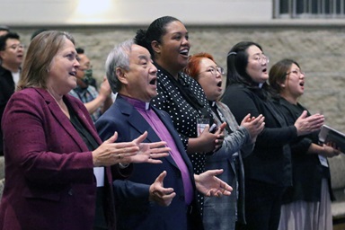 Participants sing during the opening worship service of the first day of the 2023 special session of the National Association of the Korean American United Methodists at Korean First United Methodist Church of Wheeling, Ill., on Oct. 2. Pictured, from left, are Bishop Dottie Escobedo-Frank of the California-Pacific Annual Conference, Bishop Hee-Soo Jung of the Wisconsin Annual Conference, Dr. Dana Lyles, the Rev. MiRhang Baek, the Rev. Prumeh Lee and the Rev. Ju-Yeon Julie Jeon. Photo by the Rev. Thomas E. Kim, UM News. Participants sing during the opening worship service of the first day of the 2023 special session of the National Association of the Korean American United Methodists at Korean First United Methodist Church of Wheeling, Ill., on Oct. 2. Pictured, from left, are Bishop Dottie Escobedo-Frank of the California-Pacific Annual Conference, Bishop Hee-Soo Jung of the Wisconsin Annual Conference, Dr. Dana Lyles, the Rev. MiRhang Baek, the Rev. Prumeh Lee and the Rev. Ju-Yeon Julie Jeon. Photo by the Rev. Thomas E. Kim, UM News.