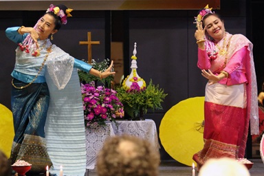 Two Thai Christians perform a ritual dance during opening worship for the third Asia Upper Room leadership seminar on Oct. 23 in Bangkok, Thailand. Methodists from across Asia came together for the gathering and to celebrate the 70th anniversary of the Thai edition of The Upper Room daily devotional published by The United Methodist Church. Photo by the Rev. Thomas E. Kim, UM News.  Two Thai Christians perform a ritual dance during opening worship for the third Asia Upper Room leadership seminar on Oct. 23 in Bangkok, Thailand. Methodists from across Asia came together for the gathering and to celebrate the 70th anniversary of the Thai edition of The Upper Room daily devotional published by The United Methodist Church. Photo by the Rev. Thomas E. Kim, UM News.