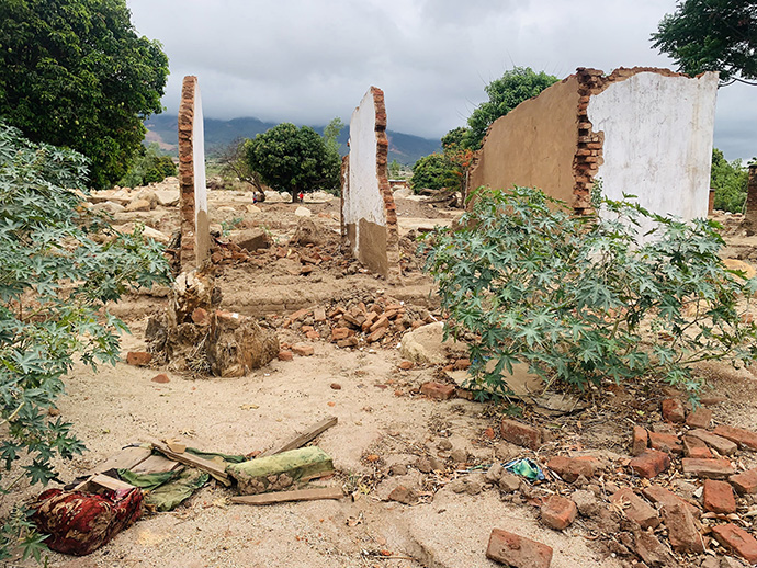 Cyclone Freddy killed more than 1,000 people in Malawi and destroyed homes, crops and public infrastructure. The United Methodist Church is assisting survivors with supplies and training to help them rebuild. Shown here is a house reduced to rubble in Nkhulambe. Photo by Francis Nkhoma, UM News.