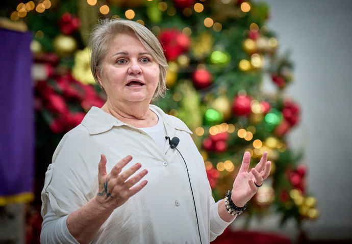 Genilma Boehler, a United Methodist missionary from Brazil who serves as a professor at the Theological Community of Mexico, speaks about the climate crisis on Dec. 1, 2023, during the celebration of the 150th anniversary of the founding of the Methodist Church of Mexico. The event took place at the Gante Methodist Church in the historic center of Mexico City. The denomination observed the anniversary with a Nov. 30 to Dec. 3 conference in Mexico City looking at lessons from its history to chart a new course into its future. Photo by the Rev. Paul Jeffrey, UM News.