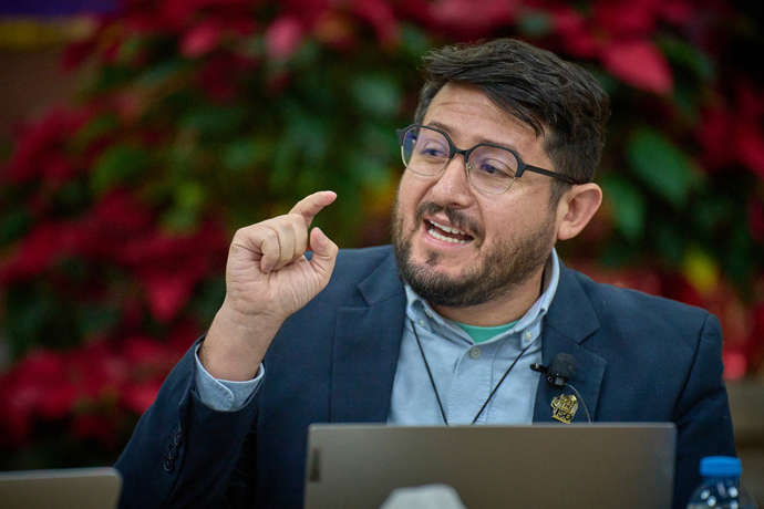 Cristian Schlick, a United Methodist missionary from Chile who serves as a regional specialist on migration in Mesoamerica, speaks on Nov. 30, 2023, during the celebration of the 150th anniversary of the founding of the Methodist Church of Mexico. The event took place at the Gante Methodist Church in the historic center of Mexico City. Photo by the Rev. Paul Jeffrey, UM News.