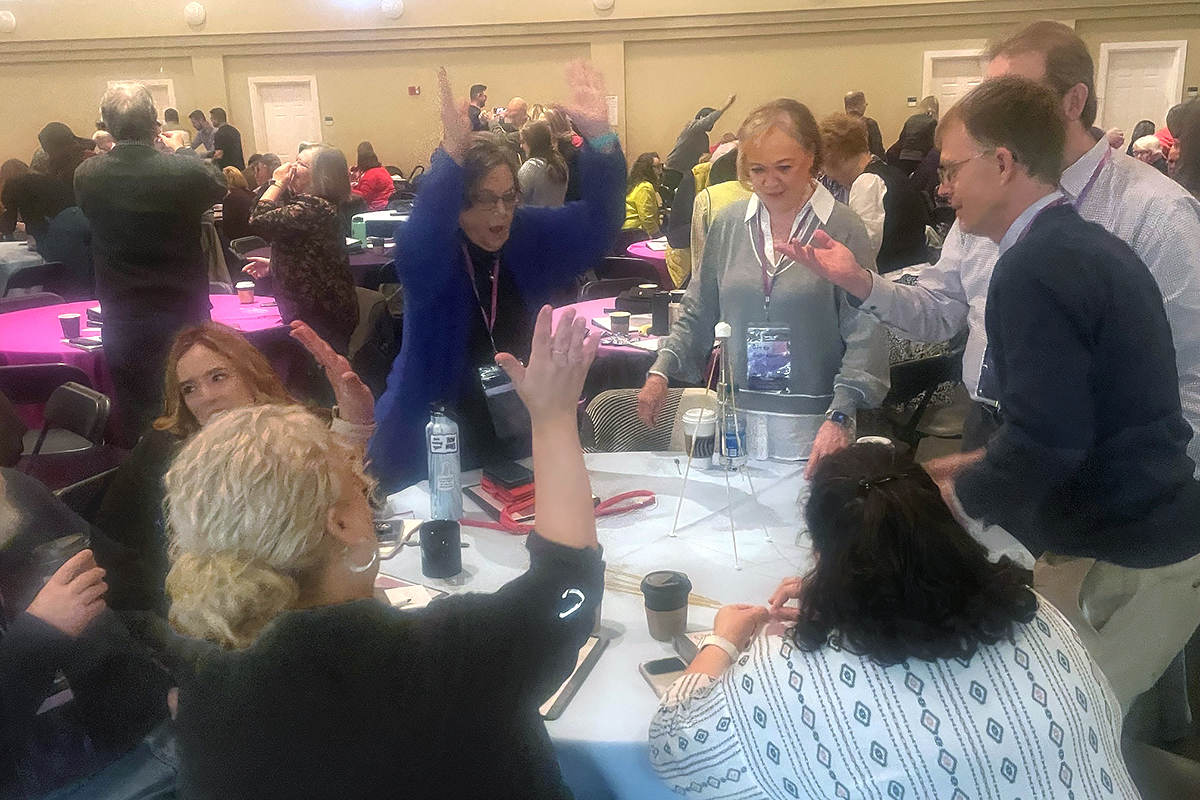 Participants at the first national Fresh Expressions conference, an effort for church revitalization that is part of United Methodist Discipleship Ministries, compete to see who can make the structure with the highest marshmallow during the Feb. 7-9 gathering at Providence United Methodist Church in Charlotte, N.C. Panelists said new approaches to ministry require new approaches to funding those ministries. Photo by Jim Patterson, UM News.