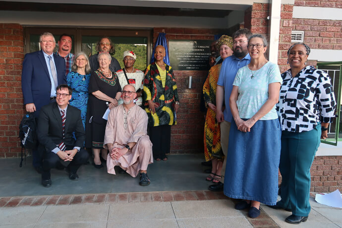 Members of the East Ohio Conference pose outside the Bishop Tracy S. Malone residential hall at Africa University in Mutare, Zimbabwe. The building was built by the East Ohio Conference at a cost of US $1.5 million. This is the third residence the conference has gifted the university. Photo by Eveline Chikwanah, UM News.