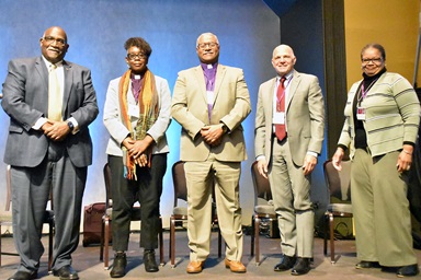 Five bishops participated in an episcopal dialogue during Black Methodists for Church Renewal’s General Meeting March 7 in Cincinnati. From left are Bishops Gregory Palmer, Delores Williamston, Julius Trimble, John Schol and Robin Dease. Photo by John Coleman, UM News. Five bishops participated in an episcopal dialogue during Black Methodists for Church Renewal’s General Meeting March 7 in Cincinnati. From left are Bishops Gregory Palmer, Delores Williamston, Julius Trimble, John Schol and Robin Dease. Photo by John Coleman, UM News.