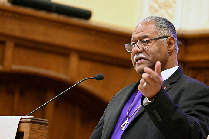 Indiana Episcopal Area Bishop Julius C. Trimble, current chair of the UMC Global AIDS Committee, speaks during the Breaking Barriers AIDS Conference at First United Methodist Church in Charlotte, N.C., on April 22. “There is no breaking of barriers unless there are barrier-breakers,” said Trimble, who has long championed the church’s ministry with people living with HIV and AIDS. Photo by Christie House, United Methodist Board of Global Ministries.
