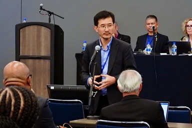Bishop Eduard Khegay speaks on April 21 to the Standing Committee on Central Conference Matters at the Charlotte Convention Center in Charlotte, N.C. Four Eurasian conferences overseen by Khegay want to become autonomous, and the committee approved an enabling petition for that. Photo by Sam Hodges, UM News. Bishop Eduard Khegay speaks on April 21 to the Standing Committee on Central Conference Matters at the Charlotte Convention Center in Charlotte, N.C. Four Eurasian conferences overseen by Khegay want to become autonomous, and the committee approved an enabling petition for that. Photo by Sam Hodges, UM News.