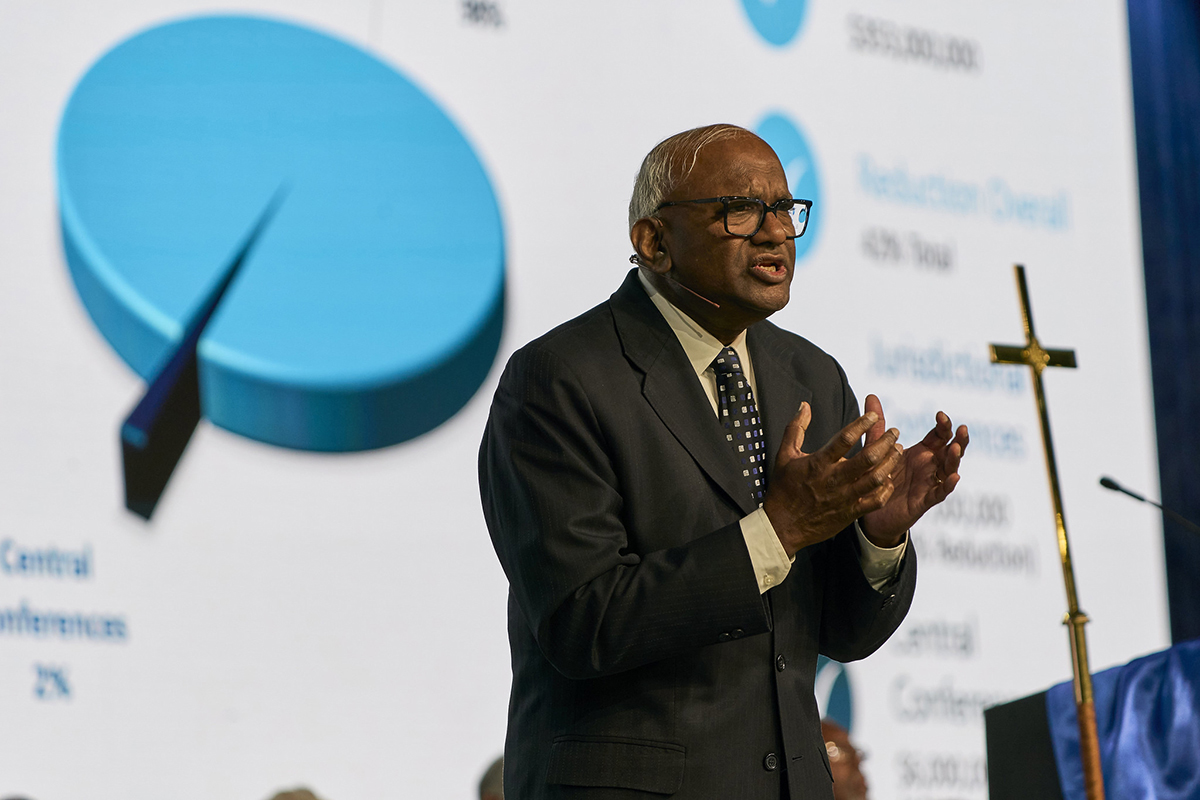 The Rev. Moses Kumar, the top executive of the General Council on Finance and Administration, speaks April 24 during the United Methodist General Conference in Charlotte, N.C. Photo by Paul Jeffrey, UM News.