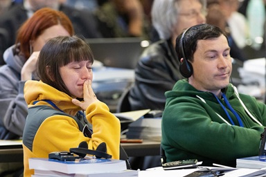 Delegate Julia Stukalova (left) and other members of the Eastern Russia and Central Asia Provisional Conference react as delegates to the United Methodist General Conference, meeting in Charlotte, N.C.,  vote on April 25 to allow their conference to exit the denomination. Photo by Mike DuBose, UM News. Delegate Julia Stukalova (left) and other members of the Eastern Russia and Central Asia Provisional Conference react as delegates to the United Methodist General Conference, meeting in Charlotte, N.C.,  vote on April 25 to allow their conference to exit the denomination. Photo by Mike DuBose, UM News.