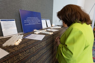 Norma Villagrana of the Western North Carolina Conference prays at an altar in the General Conference prayer room in Charlotte, N.C. The “Cultivating the Garden of the Heart” prayer room is sponsored by The Upper Room and includes prompts and Scriptures in Portuguese, Korean, French, Spanish and Kiswahili. Photo by Mike DuBose, UM News. Norma Villagrana of the Western North Carolina Conference prays at an altar in the General Conference prayer room in Charlotte, N.C. The “Cultivating the Garden of the Heart” prayer room is sponsored by The Upper Room and includes prompts and Scriptures in Portuguese, Korean, French, Spanish and Kiswahili. Photo by Mike DuBose, UM News.