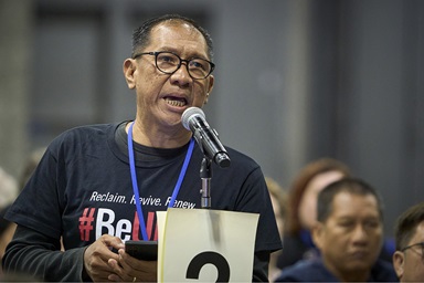 The Rev. Jonathan Ulanday, a clergy delegate from the East Mindanao Conference in the Philippines, speaks April 25 on the floor of the United Methodist General Conference in Charlotte, N.C. Ulanday said regionalization legislation allows the spirituality of The United Methodist Church to grow in a different context. Photo by Paul Jeffrey, UM News. The Rev. Jonathan Ulanday, a clergy delegate from the East Mindanao Conference in the Philippines, speaks April 25 on the floor of the United Methodist General Conference in Charlotte, N.C. Ulanday said regionalization legislation allows the spirituality of The United Methodist Church to grow in a different context. Photo by Paul Jeffrey, UM News.