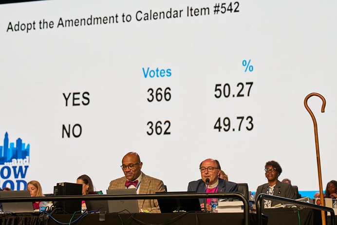 Bishop David Alan Bard of the Michigan Episcopal Area views the result of a close vote during debate April 30 at the United Methodist General Conference in Charlotte, N.C. Delegates voted to reduce the base rate for The United Methodist Church’s apportionment formula. Photo by Paul Jeffrey, UM News. Bishop David Alan Bard of the Michigan Episcopal Area views the result of a close vote during debate April 30 at the United Methodist General Conference in Charlotte, N.C. Delegates voted to reduce the base rate for The United Methodist Church’s apportionment formula. Photo by Paul Jeffrey, UM News.