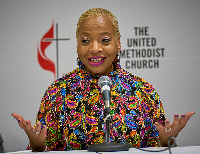 Bishop Tracy S. Malone speaks at a press conference on May 3 at the conclusion of the United Methodist General Conference in Charlotte, N.C. Malone celebrated the elimination of prohibitive language that marginalizes LGBTQ people but also acknowledged that the actions by the denomination’s legislative assembly have received a mixed reaction among United Methodists. Photo by Paul Jeffrey, UM News.