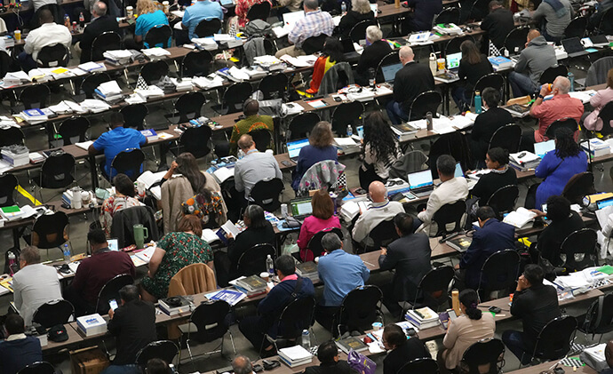 Delegates work on church business during the final day of the United Methodist General Conference in Charlotte, N.C. More than 700 delegates from four continents attended the church’s lawmaking assembly, which took place April 23 through May 3. Photo by Larry McCormack, UM News.