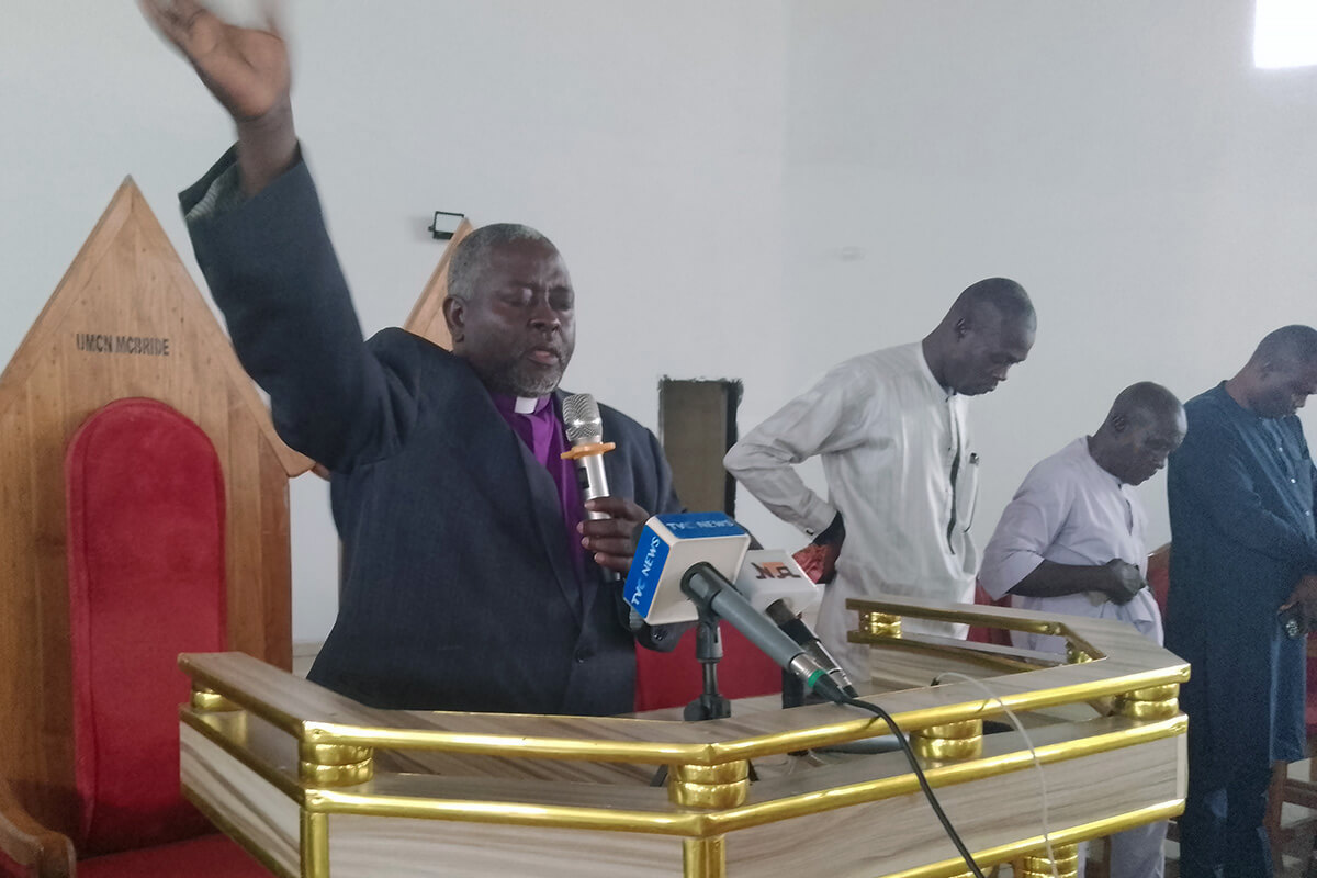 Nigeria Area Bishop John Wesley Yohanna says a prayer alongside members of his cabinet during a gathering of United Methodists from the North East and Southern Nigeria annual conferences on July 24 at McBride United Methodist Church in Jalingo. Yohanna announced July 29 that he has left The United Methodist Church. Photo by Ramson Danjuma, communications director for the North East Nigeria Conference.