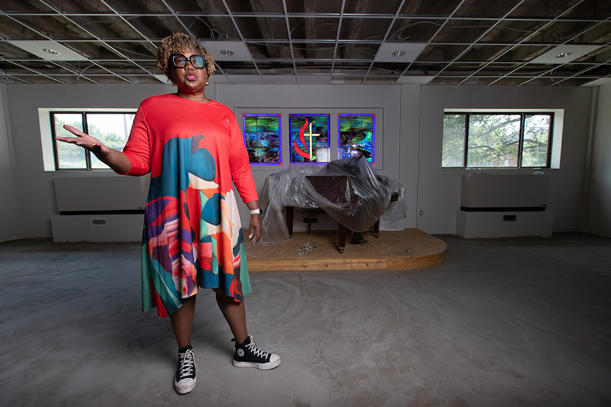 The Rev. Candace M. Lewis gives a tour of renovations underway at Gammon Theological Seminary in Atlanta, where she serves as president and dean. The historically Black United Methodist seminary is proceeding with an ambitious rebuilding plan despite having lost almost half its funding from the denomination since 2016. Photo by Mike DuBose, UM News.