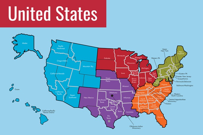 Carte des Juridictions, Régions Épiscopales et Conférences Annuelles des États-Unis par United Methodist Communications Carte des Juridictions, Régions Épiscopales et Conférences Annuelles des États-Unis par United Methodist Communications