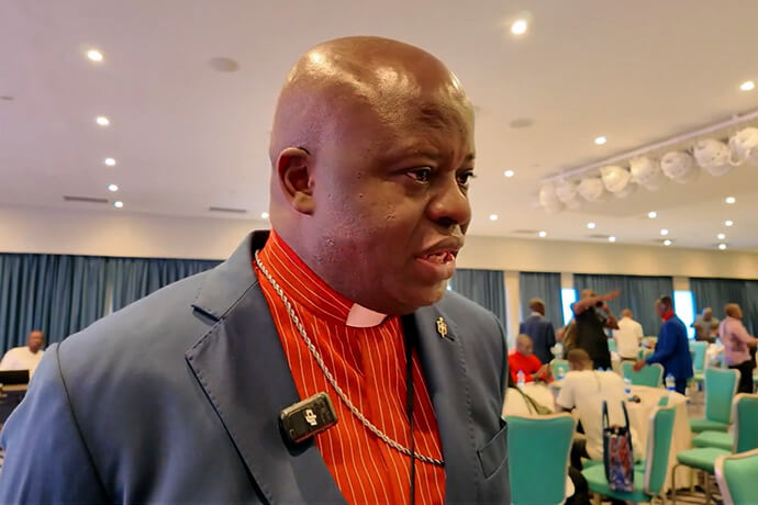 Bishop Mande Muyombo, who leads the North Katanga Area that includes Tanzania and parts of Congo, speaks in a video interview after leading a training on the history and biblical basis of regionalization for a gathering of African United Methodist communicators and other church leaders in Dar es Salaam, Tanzania. Muyombo is also chair of the Connectional Table, which helped develop the regionalization legislation. Screenshot of video by Matt Crum, United Methodist Communications.