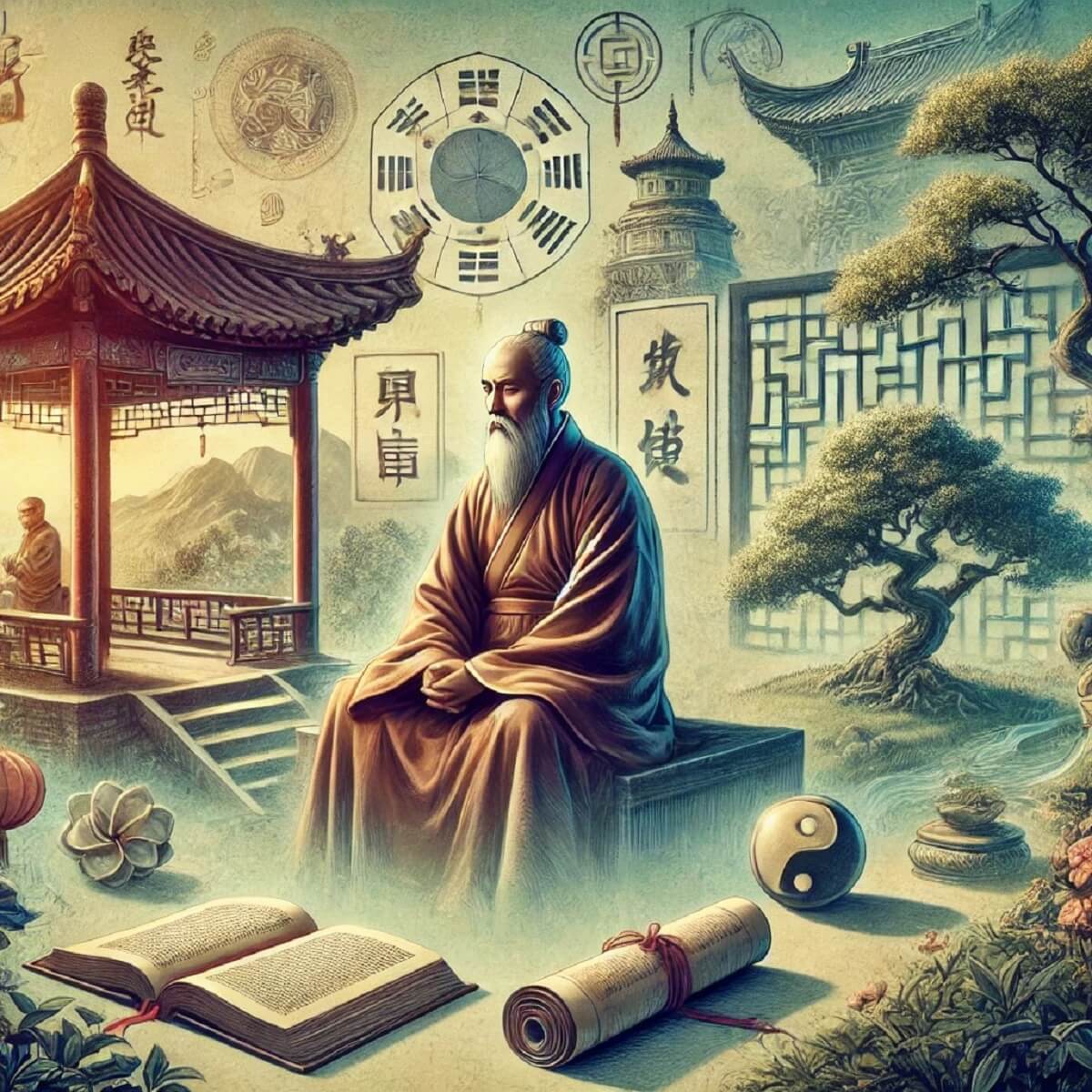 철학과 영성을 전통적인 중국 배경 속에서 융합한 일러스트. 이미지 출처, chatgpt.com
