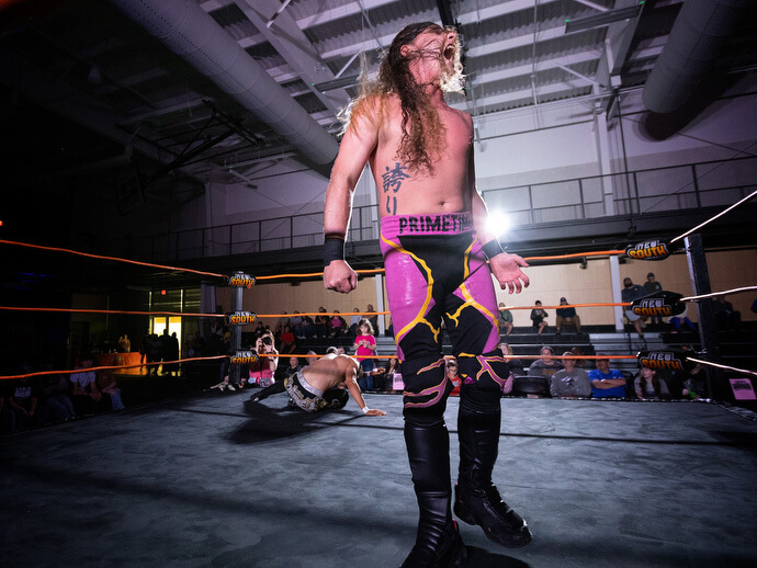 Wrestler Donnie Primetime lets out a scream during a match at the Priceville Event Center. Photo by Mike DuBose, UM News.