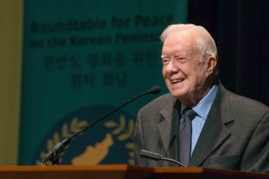 Former President Jimmy Carter welcomes delegates to the Roundtable for Peace on the Korean Peninsula at The Carter Center in Atlanta in 2018. The event was hosted by the United Methodist Board of Global Ministries. Carter died Dec. 29 at his home in Plains, Georgia. He was 100. Photo by Mike DuBose, UM News. Former President Jimmy Carter welcomes delegates to the Roundtable for Peace on the Korean Peninsula at The Carter Center in Atlanta in 2018. The event was hosted by the United Methodist Board of Global Ministries. Carter died Dec. 29 at his home in Plains, Georgia. He was 100. Photo by Mike DuBose, UM News.