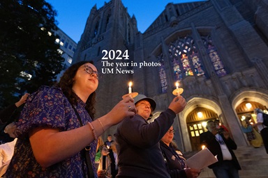 On the eve of the 2024 United Methodist General Conference in Charlotte, N.C., climate activists hold a candlelight Vigil for Creation to mark Earth Day and to call the denomination to greater stewardship of creation. Participants included Mary Frances Gaston (left) Emily McGinn, students at the Candler School of Theology in Atlanta. The service took place at the First United Methodist Church of Charlotte. Photo by Mike DuBose, UM News. On the eve of the 2024 United Methodist General Conference in Charlotte, N.C., climate activists hold a candlelight Vigil for Creation to mark Earth Day and to call the denomination to greater stewardship of creation. Participants included Mary Frances Gaston (left) Emily McGinn, students at the Candler School of Theology in Atlanta. The service took place at the First United Methodist Church of Charlotte. Photo by Mike DuBose, UM News.