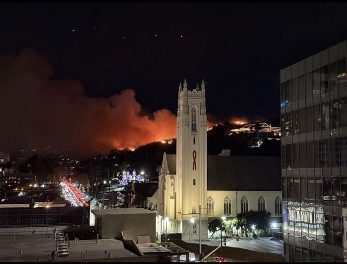 Smoke reaches high into the sky behind Hollywood United Methodist Church in Los Angeles. Photo courtesy of the Rev. Hannah Adair Bonner, Hollywood United Methodist Church.