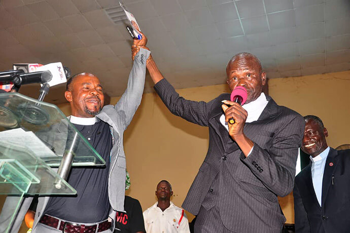 Bishop Ande I. Emmanuel is introduced during a service celebrating his episcopal election in Jalingo, Nigeria. He was elected bishop Dec. 7 during the West Africa Central Conference in Ghana. Emmanuel is working to unite United Methodists across Nigeria, which now has five annual conferences including the new Southern Conference. Photo by Ibrahim Babangida, UM News.