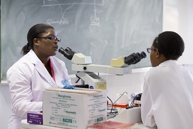 Una instructora y una estudiante comparten un microscopio de enseñanza en la Universidad de África en Mutare, Zimbabue en 2017. Foto de archivo de Mike DuBose, Noticias MU. Una instructora y una estudiante comparten un microscopio de enseñanza en la Universidad de África en Mutare, Zimbabue en 2017. Foto de archivo de Mike DuBose, Noticias MU.