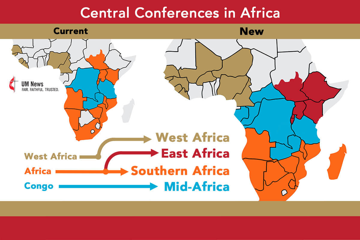 The United Methodist Church is getting a new map in Africa. When the Africa Central Conference meets March 13-17 in Johannesburg, the central conference will split to form the Southern Africa and East Africa central conferences. Central conferences are responsible for electing bishops and making adaptations to the Book of Discipline for their missional context. Graphic by Ben Ward, UM News.