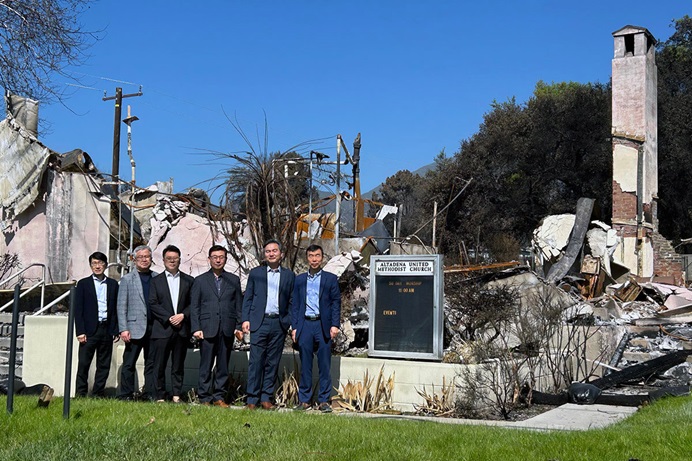 Leaders with the Association of the Korean United Methodist Church of the California-Pacific Conference visit and pray at Altadena United Methodist Church on Feb. 24. The historic African American church in Altadena, California, was destroyed by wildfire in January. Photo by the Rev. Thomas E. Kim, UM News.  Leaders with the Association of the Korean United Methodist Church of the California-Pacific Conference visit and pray at Altadena United Methodist Church on Feb. 24. The historic African American church in Altadena, California, was destroyed by wildfire in January. Photo by the Rev. Thomas E. Kim, UM News.