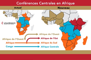 L'Église Méthodiste Unie se dote d'une nouvelle carte en Afrique. Lorsque la Conférence centrale d'Afrique se réunira du 13 au 17 mars à Johannesburg, elle se scindera pour former les Conférences Centrales d'Afrique Australe et d'Afrique de l'Est. Les Conférences Centrales sont chargées d'élire les Évêques et d'adapter le Livre de Discipline à leur contexte missionnaire. Graphique de Ben Ward, UM News. L'Église Méthodiste Unie se dote d'une nouvelle carte en Afrique. Lorsque la Conférence centrale d'Afrique se réunira du 13 au 17 mars à Johannesburg, elle se scindera pour former les Conférences Centrales d'Afrique Australe et d'Afrique de l'Est. Les Conférences Centrales sont chargées d'élire les Évêques et d'adapter le Livre de Discipline à leur contexte missionnaire. Graphique de Ben Ward, UM News.