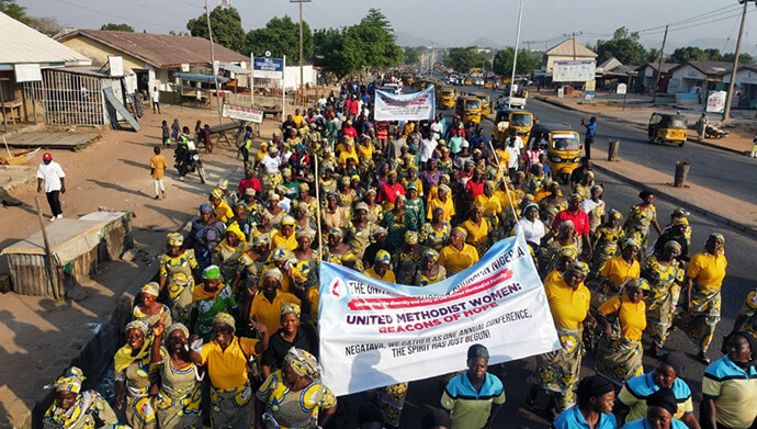 United Methodist women in their fellowship uniform participate in a unity walk prior to the opening ceremony of the joint assembly of The United Methodist Church in Nigeria’s annual conferences March 17-23 in Jalingo. Photo by the Rev. Filibus Bakari Auta, UM News.