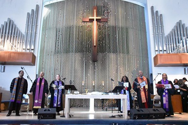Six bishops lead the opening worship and communion service at Black Methodists for Church Renewal’s 58th General Meeting at Holman United Methodist Church in Los Angeles on March 19. From left are Bishops Cedrick Bridgeforth, Tracy S. Malone, Dottie Escobedo-Frank, Cynthia Moore-Koikoi, Julius C. Trimble and Kennetha J. Bigham-Tsai. The three-day meeting included an Ebony Bishops panel discussion on “The State of the Church,” reports on the Black College Fund and Africa University and information on the revised Social Principles and social entrepreneurship. Photo by John W. Coleman, UM News.  Six bishops lead the opening worship and communion service at Black Methodists for Church Renewal’s 58th General Meeting at Holman United Methodist Church in Los Angeles on March 19. From left are Bishops Cedrick Bridgeforth, Tracy S. Malone, Dottie Escobedo-Frank, Cynthia Moore-Koikoi, Julius C. Trimble and Kennetha J. Bigham-Tsai. The three-day meeting included an Ebony Bishops panel discussion on “The State of the Church,” reports on the Black College Fund and Africa University and information on the revised Social Principles and social entrepreneurship. Photo by John W. Coleman, UM News.