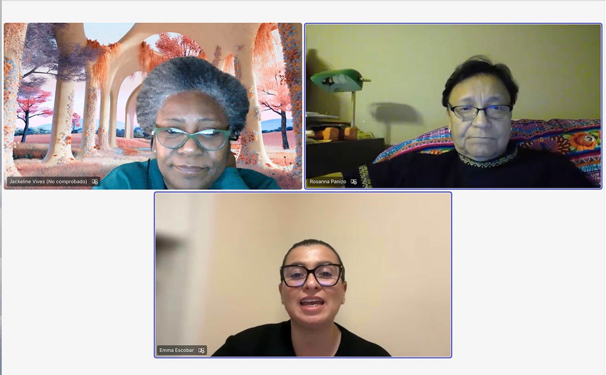La Pastora Jackeline Vives coordinadora de abogacía y estrategia (izquierda), la Revda. Rosanna Panizo coordinadora de Educación en Abogacía (derecha) y la Dra. Emma Escobar presidenta de MARCHA (centro), moderaron el seminario web "Escuchando Nuestra Esperanza" en el cual participaron líderes hispano latinos de las diferentes jurisdicciones de La Iglesia Metodista Unida. Captura de pantalla Rev. Gustavo Vasquez, Noticias MU.