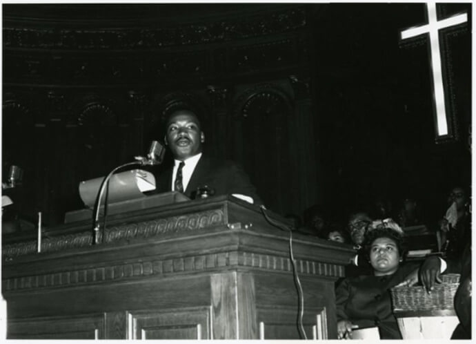 The Rev. Martin Luther King Jr. speaks at Cory Methodist Church in Cleveland in 1963. Cory is one of many historic Black United Methodist churches that hosted King and other leaders for major civil rights events and rallies. Photo courtesy of Western Reserve Historical Society, Cleveland, Ohio. Used with permission.