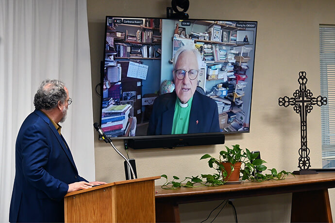 Jim Antal, the special adviser on climate justice for the United Church of Christ, speaks remotely from his home March 27 during the California-Nevada Summit on Fossil Fuel Divestment. He said it will be “a struggle” to leave $1.4 trillion worth of oil, coal and gas in the ground in favor of improving the environment. Photo by Jim Patterson, UM News.