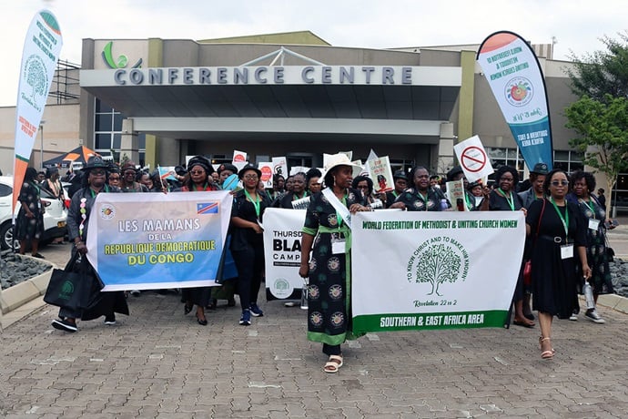Hundreds of members of the World Federation of Methodist and Uniting Church Women march in Gaborone, Botswana, wearing black in solidarity with victims and survivors of gender-based violence. The issue dominated conversations at the group’s Southern and East Africa seminar held April 3-6 in the country’s capital. Photo by Eveline Chikwanah, UM News. Hundreds of members of the World Federation of Methodist and Uniting Church Women march in Gaborone, Botswana, wearing black in solidarity with victims and survivors of gender-based violence. The issue dominated conversations at the group’s Southern and East Africa seminar held April 3-6 in the country’s capital. Photo by Eveline Chikwanah, UM News.