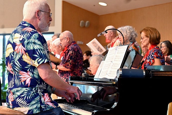 Doug Yetter (left), director of music at Epworth United Methodist Church in Rehoboth Beach, Del., accompanies the Parkinson’s Education and Support Group of Sussex County Choir during its performance April 10 at the church. Keeping active though singing and other physical activity can hold off progression of the disease. Photo by Jim Patterson, UM News. Doug Yetter (left), director of music at Epworth United Methodist Church in Rehoboth Beach, Del., accompanies the Parkinson’s Education and Support Group of Sussex County Choir during its performance April 10 at the church. Keeping active though singing and other physical activity can hold off progression of the disease. Photo by Jim Patterson, UM News.