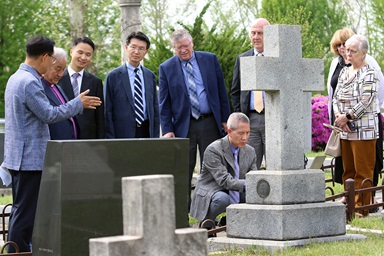 Bishop Hee-Soo Jung (second from left) and leaders from the Ohio Episcopal Area visit Yanghwajin Foreign Missionary Cemetery on April 23 in Seoul, South Korea, for the unveiling ceremony of a memorial stone honoring missionaries William Scranton, and his mother, Mary Scranton, who are buried in the cemetery. Photo by the Rev. Thomas E. Kim, UM News. Bishop Hee-Soo Jung (second from left) and leaders from the Ohio Episcopal Area visit Yanghwajin Foreign Missionary Cemetery on April 23 in Seoul, South Korea, for the unveiling ceremony of a memorial stone honoring missionaries William Scranton, and his mother, Mary Scranton, who are buried in the cemetery. Photo by the Rev. Thomas E. Kim, UM News.