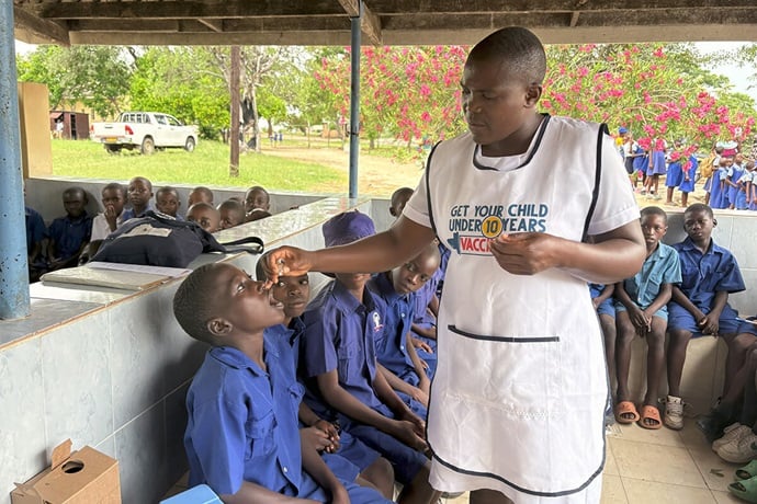 Children from The United Methodist Church’s Chikwizo Primary School in the Mutoko Mudzi District of Zimbabwe line up to get polio vaccinations at Chikwizo rural health clinic, as part of the government’s campaign to eradicate the killer disease in children under 10 years old. The church’s health facilities vaccinated thousands of children against the disease in February. Chikwizo is one of five clinics under the church’s Nyadire Mission Hospital to be upgraded with support from The Nyadire Connection over the past decade. Photo by Eveline Chikwanah, UM News. Children from The United Methodist Church’s Chikwizo Primary School in the Mutoko Mudzi District of Zimbabwe line up to get polio vaccinations at Chikwizo rural health clinic, as part of the government’s campaign to eradicate the killer disease in children under 10 years old. The church’s health facilities vaccinated thousands of children against the disease in February. Chikwizo is one of five clinics under the church’s Nyadire Mission Hospital to be upgraded with support from The Nyadire Connection over the past decade. Photo by Eveline Chikwanah, UM News.