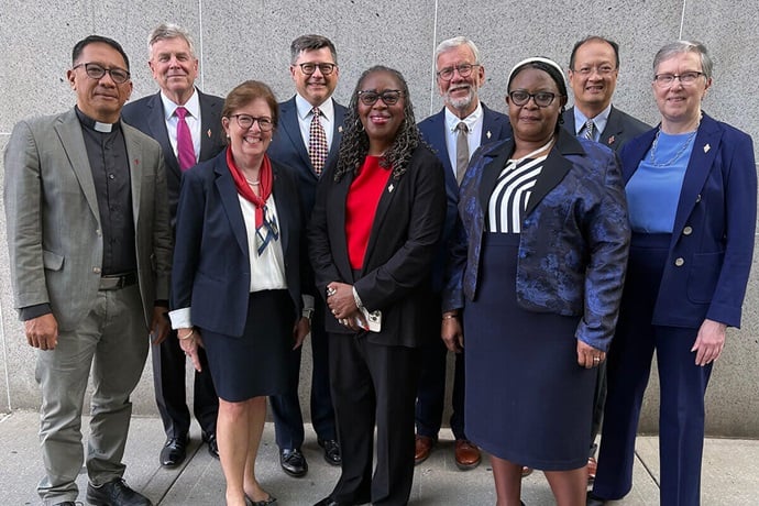 Members of the 2024-2028 Judicial Council are (front row, from left) the Rev. Jonathan Ulanday; the Rev. Susan Henry-Crowe, president; the Rev. Angela Brown, secretary; and Molly Hlekani Mwayera; (back row, from left) Bill Waddell; Andrew Vorbrich; the Rev. Øyvind Helliesen; the Rev. Luan-Vu Tran; and Harriett Olson. The Judicial Council publicly released a decision on June 3 related to the Mississippi Conference’s process for allowing congregations to leave with property. Photo by Linda Bloom, UM News. Members of the 2024-2028 Judicial Council are (front row, from left) the Rev. Jonathan Ulanday; the Rev. Susan Henry-Crowe, president; the Rev. Angela Brown, secretary; and Molly Hlekani Mwayera; (back row, from left) Bill Waddell; Andrew Vorbrich; the Rev. Øyvind Helliesen; the Rev. Luan-Vu Tran; and Harriett Olson. The Judicial Council publicly released a decision on June 3 related to the Mississippi Conference’s process for allowing congregations to leave with property. Photo by Linda Bloom, UM News.