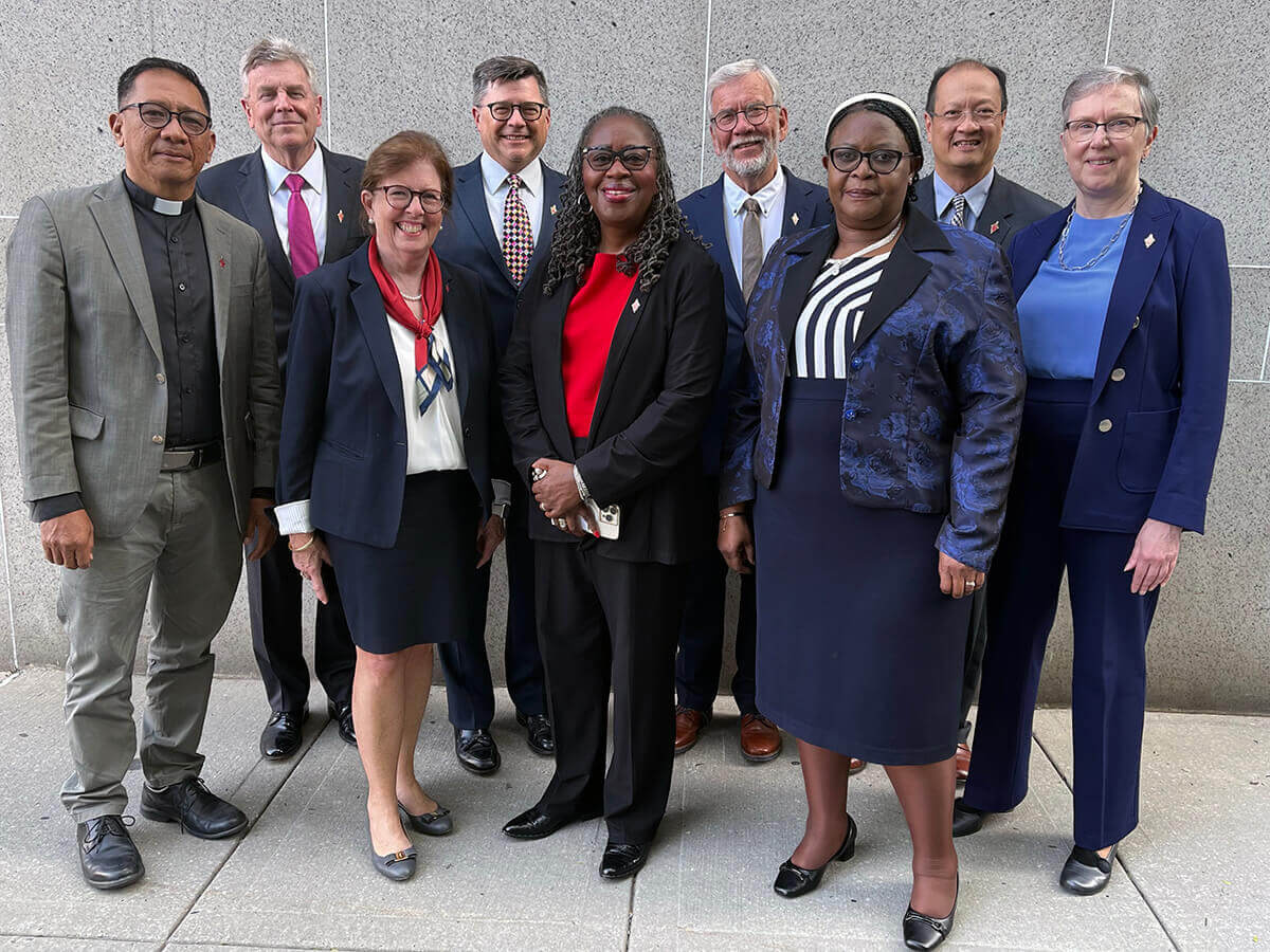 Members of the 2024-2028 Judicial Council are (front row, from left) the Rev. Jonathan Ulanday; the Rev. Susan Henry-Crowe, president; the Rev. Angela Brown, secretary; and Molly Hlekani Mwayera; (back row, from left) Bill Waddell; Andrew Vorbrich; the Rev. Øyvind Helliesen; the Rev. Luan-Vu Tran; and Harriett Olson. The Judicial Council publicly released a decision on June 3 related to the Mississippi Conference’s process for allowing congregations to leave with property. Photo by Linda Bloom, UM News.