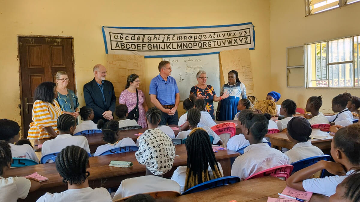 The Rev. Birgitte French (second from right) of the Tennessee-Western Kentucky Conference addresses a class at the Mama Lynn Center in Kindu, Congo. The center provides training to vulnerable women and girls. During a visit with other members of a United Methodist delegation from the U.S. in September, French expressed her joy at strengthening the conference’s partnership with eastern Congo. Photo by Chadrack Tambwe Londe, UM News.