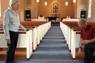 Mary Ellis and Steve Richardson conduct a free church disability audit. Steve is chair of the Holston Conference’s Disability Concerns Committee. Photo from video by Lilla Marigza, UM News. Mary Ellis and Steve Richardson conduct a free church disability audit. Steve is chair of the Holston Conference’s Disability Concerns Committee. Photo from video by Lilla Marigza, UM News.