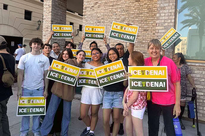 Members of the youth group at First United Methodist Church in Pasadena, Calif., join in a peaceful demonstration after worship June 8. The protests against U.S. Immigration and Customs Enforcement targeting of workers in the city led ICE agents to leave nearby hotels that day. Photo by the Rev. Amy Aitken, First United Methodist Church, Pasadena.